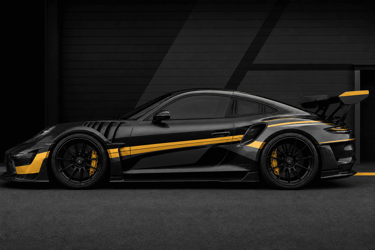 Automobil negru cu elemente aurii, prezentat lateral în atelier