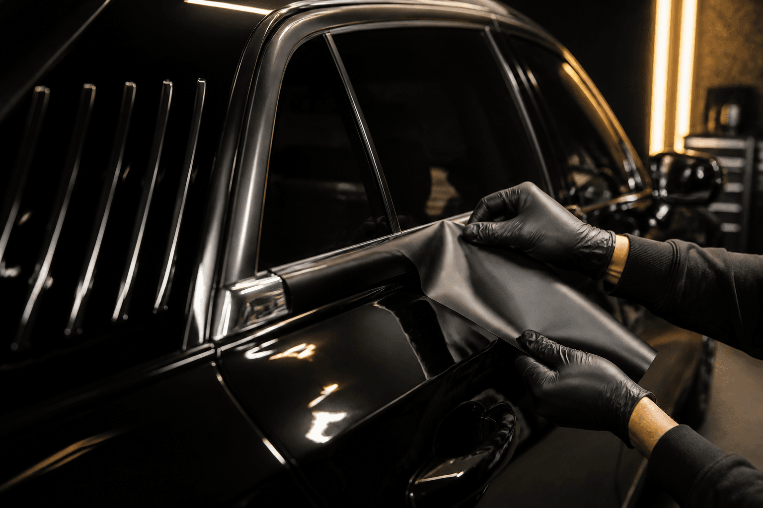 Detaliu auto cu ornament cromat transformat în negru