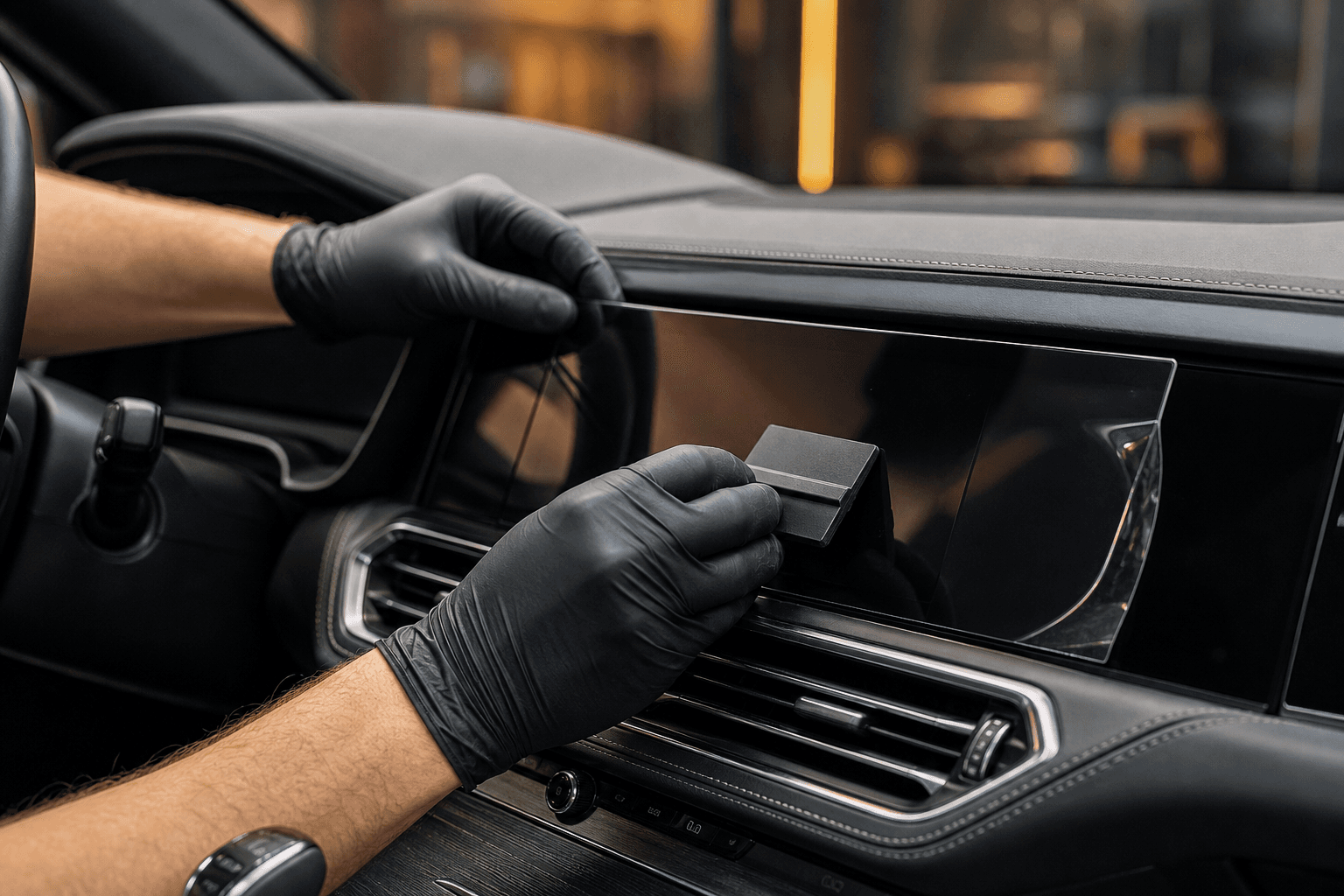 Aplicare folie de protecție pe display-ul unui automobil